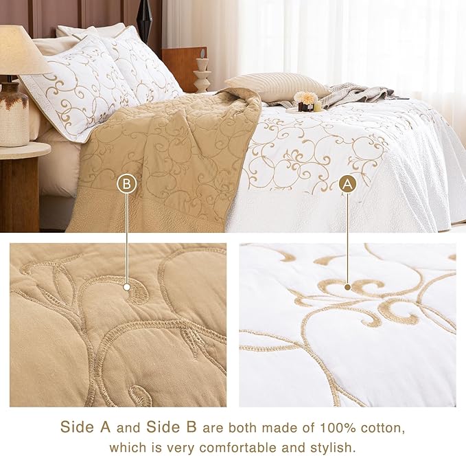 Lady Ann Oversized King 120x120 Quilt Bedspreads,100% Cotton Embroidery Pattern California King Size Quilt Bedding Set Extra Large White with Gold Bedding Coverlet Sets Lightweight All Season 3 Pcs