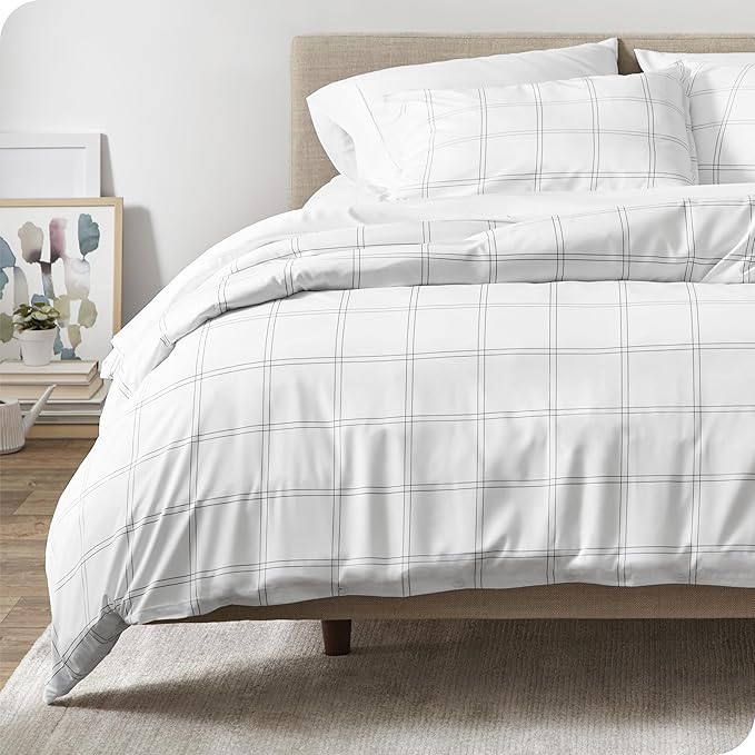 Bare Home Duvet Cover - Full Size Bedding Set - Premium 1800 Super Soft Collection - Lightweight, Cooling - Soft Breathable Duvet Cover (Full, Modern Plaid - White/Grey)