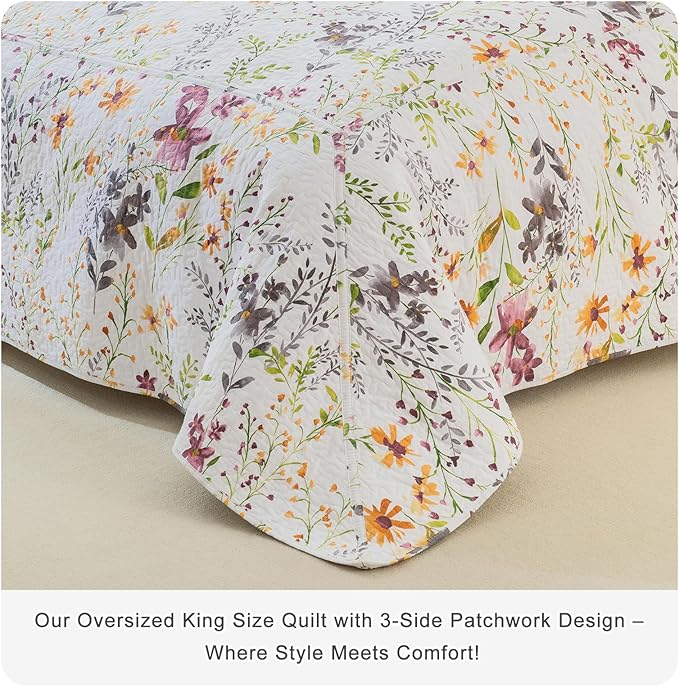 Lady Ann 100% Cotton Cal King Quilt Set - Yellow Flower Botanical Pattern Printed Quilted 118x106 Bedspread Set,Vintage Coverlet Ultra Soft Bedspread Set with Pillow Shams Al Season,3 PCS