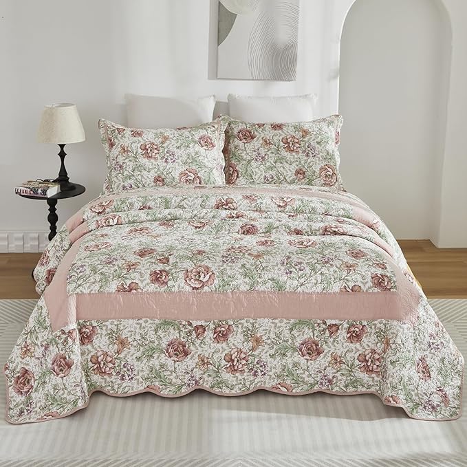 Brandeam Queen Size Quilt Set Cotton Pink Floral Quilts Country Rustic Patchwork Quilts Lightweight Summer Bedspread 3-Piece
