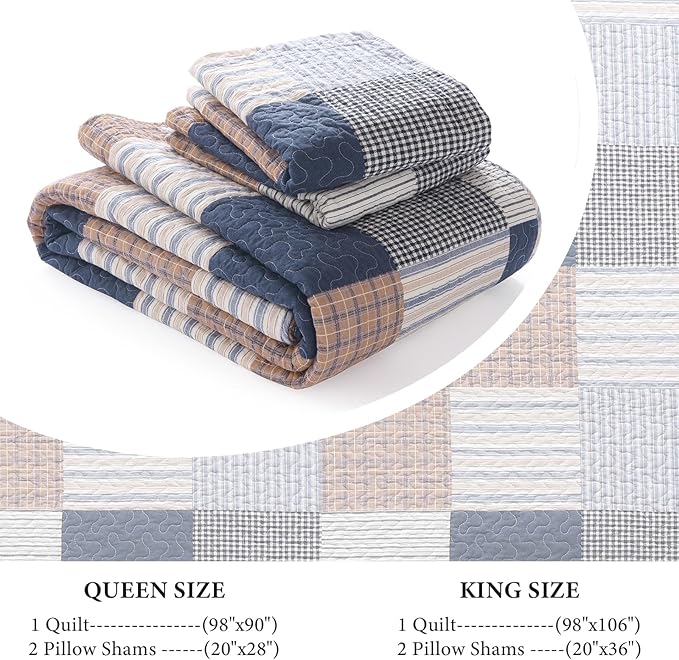Uniclinens Plaid Quilt Set King Size, 100% Cotton Patchwork Plaid Quilt Bedding Set Bedspreads, Farmhouse Lightweight Comforter Quilted Quilt, 3 Pieces Set with 2 Pillowshams, Navy/Brown/White