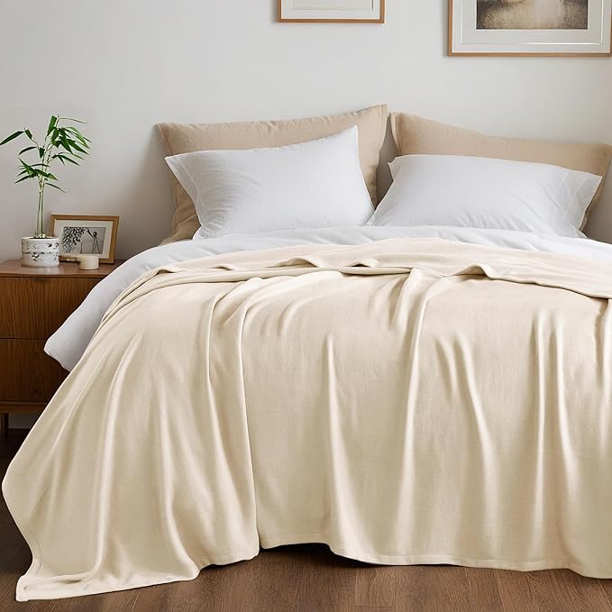 Twin Size Blanket, 70% Rayon (Derived from Bamboo) and 30% Cotton, Lightweight Jacquard Weave, Breathable and Soft Summer Blanket for Bed or Couch, 66” x 90”, Ivory