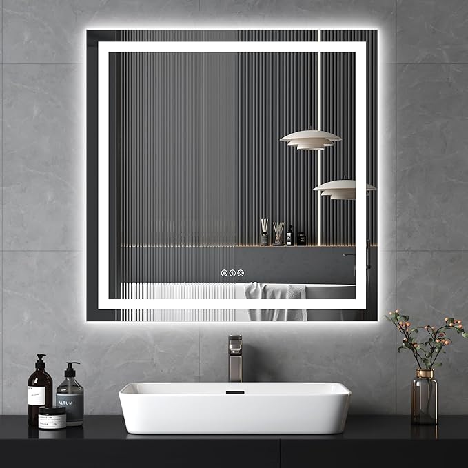 LED Bathroom Mirror with Lights, 36×36Inch Front and Backlit Led Mirror for Bathroom, 3 Colors Dimmable, Defogging, Memory Function, Shatterproof, Tempered Glass, Horizontal/Vertical, UL Listed