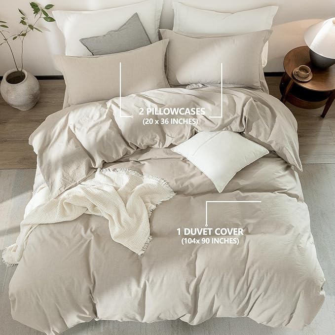 Linen Grey Duvet Cover King Size 104inch x 90inch,100% Washed Cotton Duvet Cover with Zipper Closure and 2 Pillowcases, Color of New Nature Linen