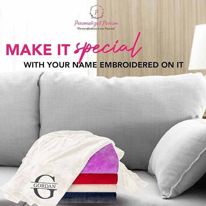 Personalized Passion Blankets with Custom Name & Initial Monogram - Super Soft and Cozy Fleece - Unisex Custom Blanket for Him and Her - 80x60 Inches - Cream