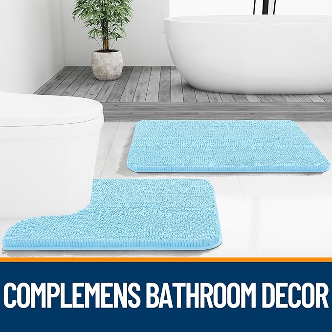 OLANLY Toilet Rugs U-Shaped 24x20, Extra Soft Absorbent Chenille Contour Bathroom Rugs for Toilet, Dry Quickly, Machine Washable, Non-Slip Bath Mat, Sky Blue