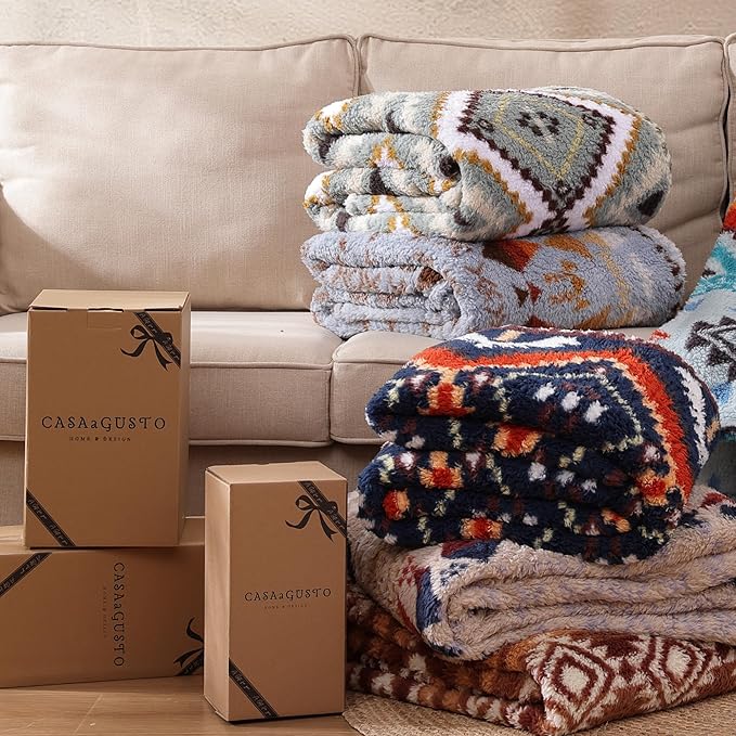 CASAAGUSTO Boho Sherpa Throw Blanket, Aztec Queen Blanket, Ultra Soft, Warm, Cozy, Plush, Thick Fleece Bohemian Throw Blanket for Couch, Bed, Sofa (Navy Blue 90 * 90 Inch)