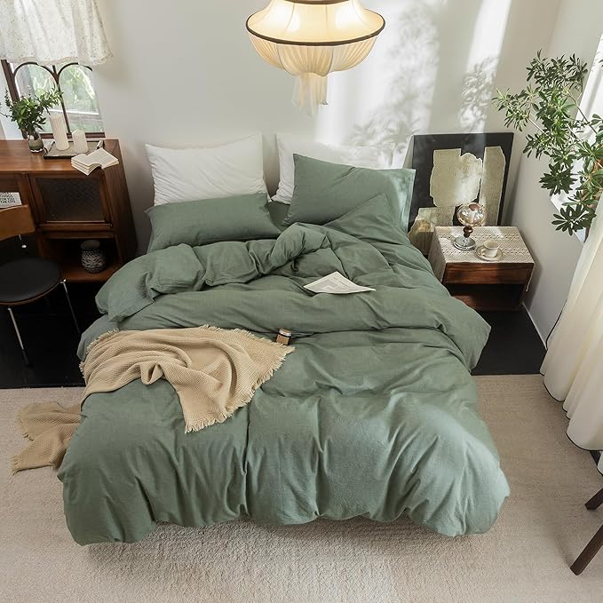 FOSSA Duvet Cover Set 100% Washed Cotton Linen Feel Super Soft Breathable Cozy Simple Style 3 Pieces Bedding Sets Solid Heathered Green Full/Double