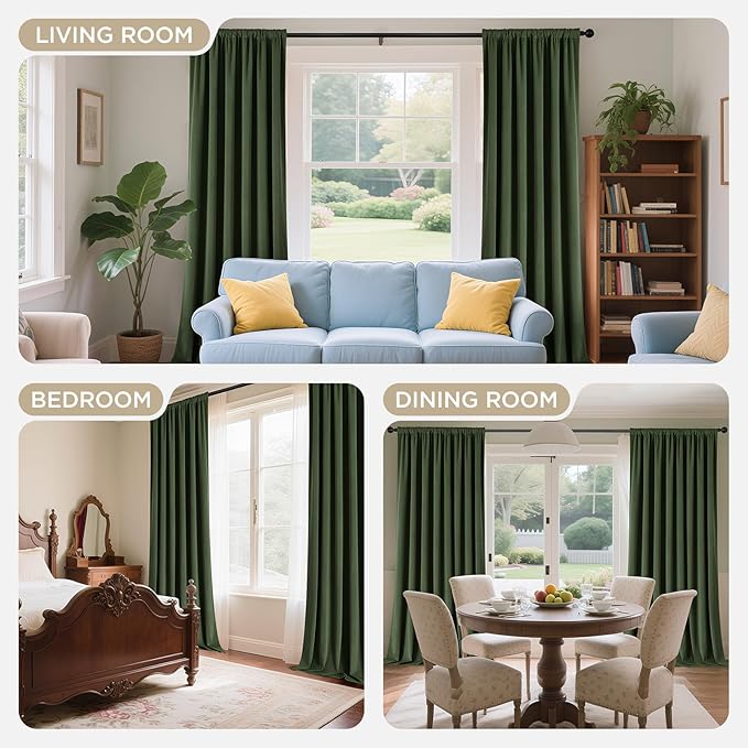 Joydeco Olive Green 100% Blackout Curtains 72 Inch 2 Panels, Luxury Thermal Green Velvet Curtains for Bedroom Living Room, Soundproof Blackout Window Drapes, Rod Pocket & Back Tab (52W x 72L)