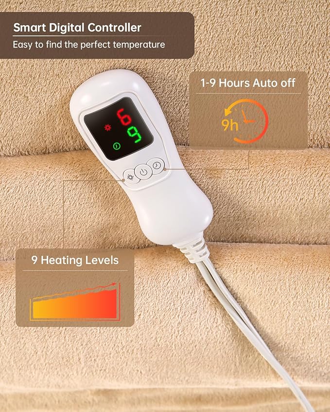 Electric Heated Blanket Throw Size, Washable Blanket Warmer for Home for Adults, Fast Heating, Super Cozy Soft Flannel 50" x 60", 9 Heat Levels, 1-9H Auto-Off, ETL Certified, Camel