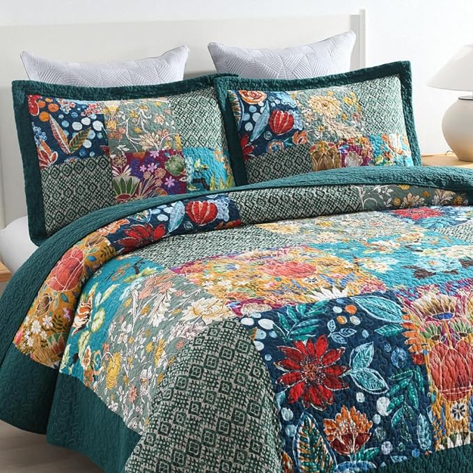 ENASAL Cotton Bedspread Quilt Sets Reversible Bedding Coverlet Sets Comforters, Patchwork Vintage Floral Turquoise Bedspread, Queen Size