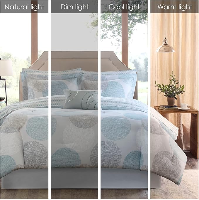 Madison Park Essentials Bed in a Bag Comforter, Vibrant Color Design All Season Down Alternative Cover with Complete Cotton Sheet Set, Full(78"x86"), Knowles, Circular Aqua, 9 Piece