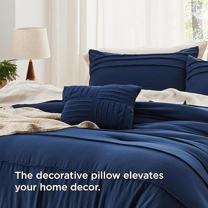 Bedsure Queen Comforter Set - 4 Pieces Pinch Pleat Bed Set, Navy Blue Boho Bedding for All Season, 1 Soft Comforter, 2 Pillowcases, 1 Decorative Pillow