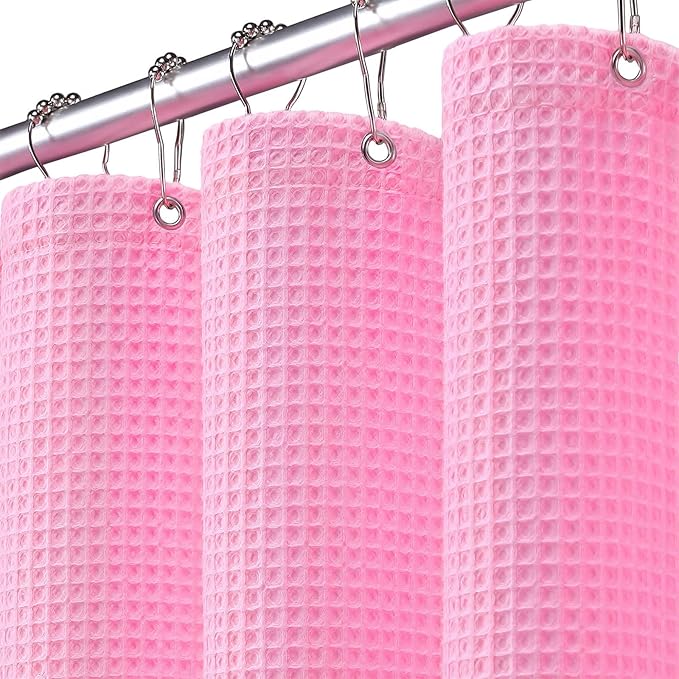 Waffle Weave Shower Curtain - Pink Cotton Fabric Texture Heavyweight Shower Curtain for Bathroom,Washable,72Wx72L