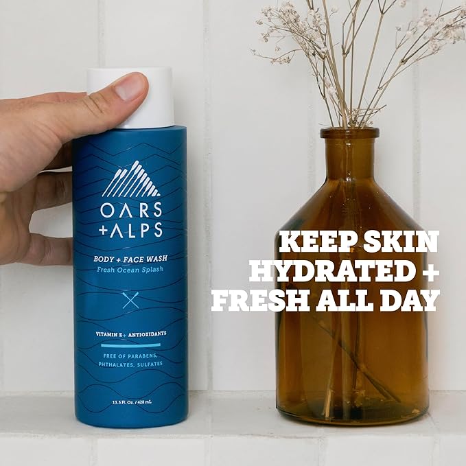 Oars + Alps Men's Moisturizing Body and Face Wash, Skin Care Infused with Vitamin E and Antioxidants, Sulfate Free, Fresh Ocean Splash, 3 Pack