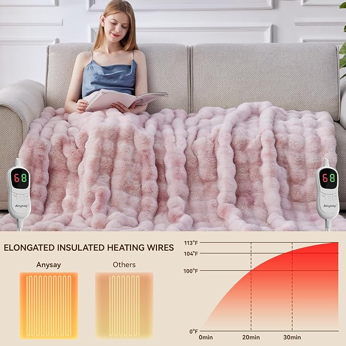 Heated Blanket Throw with 1/2/4/6/8 Hours Auto-Off 10 Heat Level, 90'' * 100'' Cozy Faux Rabbit Fur Bubble Electric Blanket with Overheat Protection(Tie-Dye Pink)