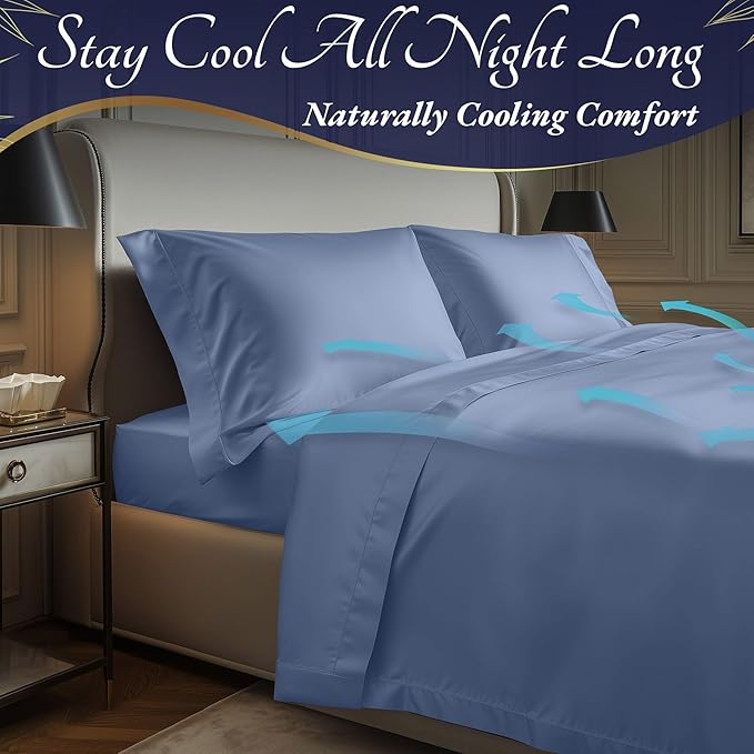 DECOLURE 100% Viscose Derived from Bamboo Sheets Cal King Size 4pcs - Ultra Soft & Luxuriously Cooling, 17" Deep Pocket,Double Stitching,Perfect for Hot Sleepers - King Bed Sheets (Light Blue)