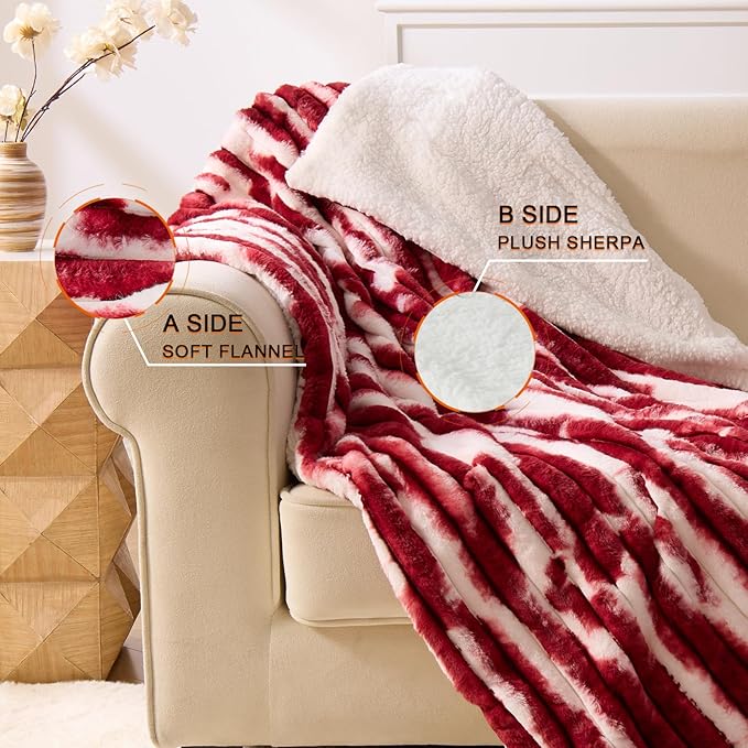 Heated Blanket Throw - 50"x60" Fast Heating Bed Electric Blankets Throw with 6 Heating Levels & 4 Hours Auto Off, Soft Ribbed Faux Fur Sherpa, Over-Heated Protection ETL, Red