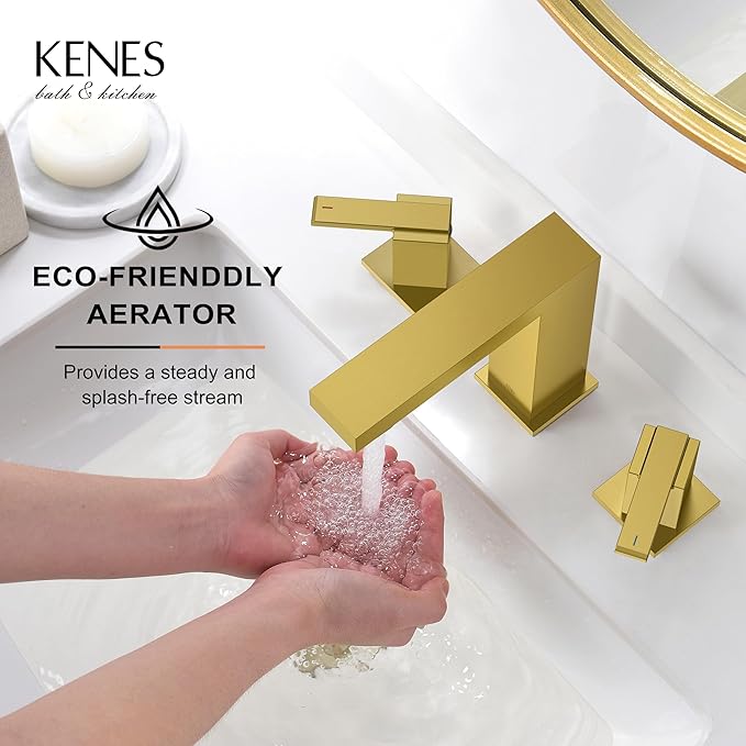 KENES Brushed Gold Widespread Bathroom Faucet 2 Handle Bathroom Sink Faucets 3 Hole, Gold 8-Inch 3 Pieces Vanity Lavatory Faucet with Supply Lines, KE-9050-4