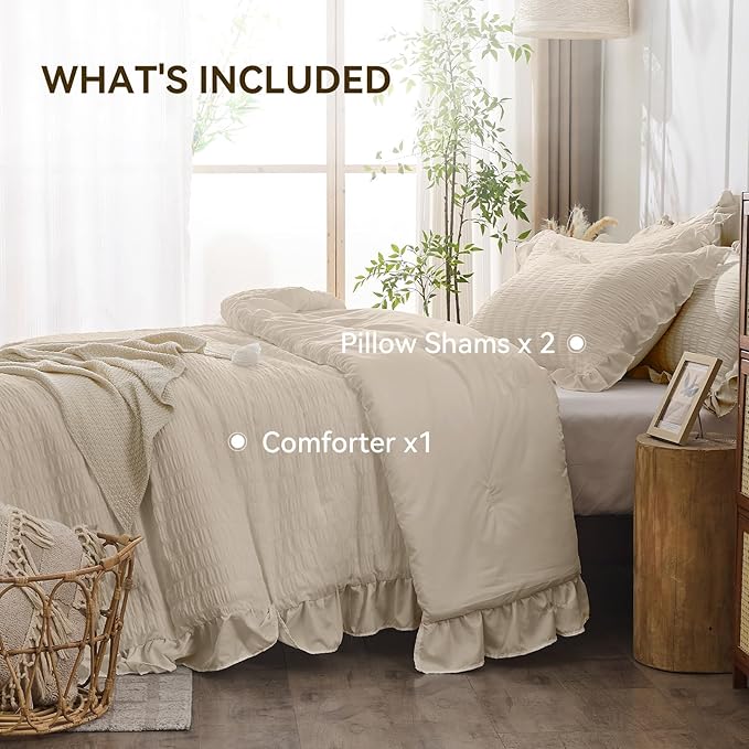 JOLLYVOGUE Beige Queen Comforter Set, 3 Pieces Seersucker Comforters Queen Size, Lightweight & Fluffy Bedding Sets Queen for All Season with 1 Ruffle Comforter and 2 Ruffle Pillowshams
