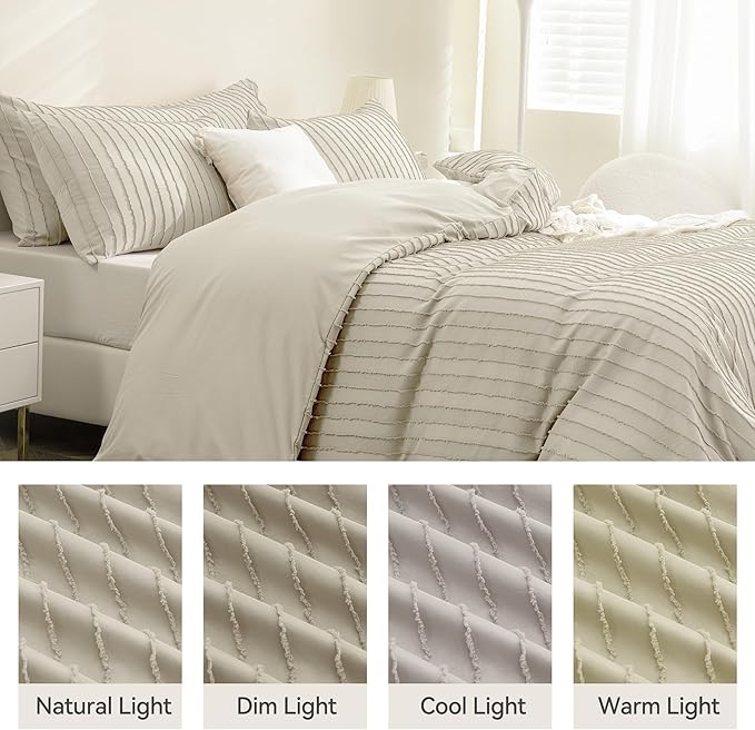 JELLYMONI Duvet Cover Super King Size Light Khaki - 3PCS Boho Striped Duvet Cover Set Polyester Tufted Bohemian Textured Comforter Cover 116×98in with Corner Ties & Zipper and 2 Pillowcases