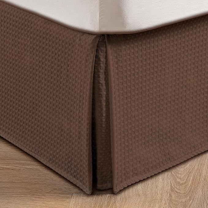 MIYE Pleated Waffle Weave Bed Skirt, Tailored Dust Ruffle 16 Inch Drop Easy Fit, Machine Washable (Brown, Full - 16" Drop)