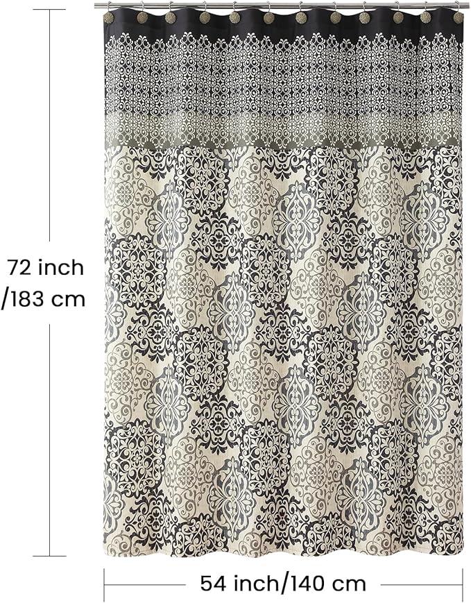 Stall Fabric Shower Curtain, Black and Beige Boho Medallion Print Shower Curtains for Bathroom, 54" W x 72" H