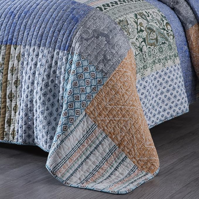 Autumn Dream Cotton Bedspread Quilt Sets Reversible Bedding Coverlet Sets Comforter, Vintage Floral Patchwork Red Blue Bedspread, King Size (Blue Bohemian Patchwork, Queen (90 by98 Inch))