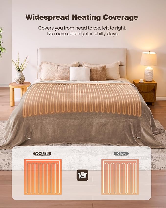 Heated Electric Blanket King- Super Soft Heating Blanket, Dual Control & 9 Heat Settings, 10 Hours Auto Off, Soft Flannel to Sherpa, Fast Heating Electric Throw, Machine Washable, 90" x 100''- Camel
