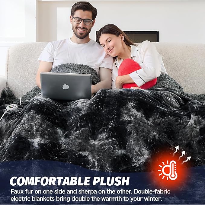 greenoak Heated Electric Blanket Twin, Faux Fur Sherpa Heating Blanket for Sofa Bed, Warm Winter Gifts for Women/Men, Heater Lap Blankets 5-Position Timer &10 Heating Levels 62''*84" Black