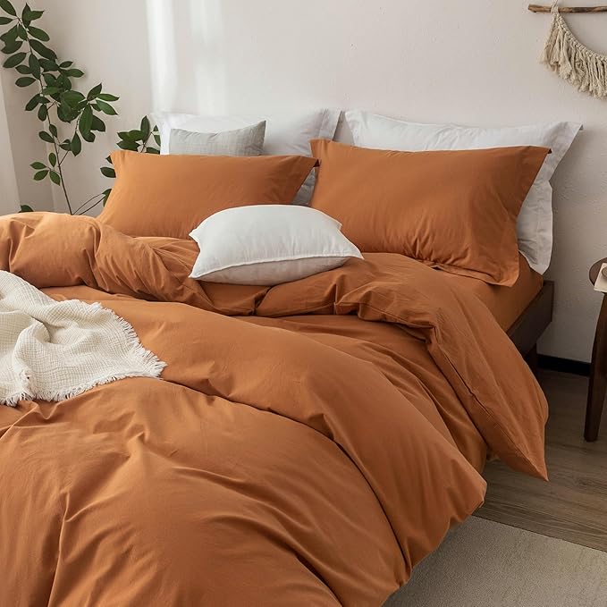 Linen Feel Duvet Cover Queen Size 90inch x 90inch,100% Washed Cotton Duvet Cover with Zipper Closure and 2 Pillowcases, Color of Burnt Orange