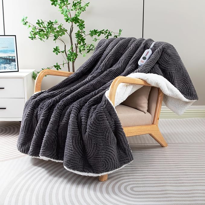 Heated Blanket Twin Size- 62"x84" Cozy Soft Jacquard Heating Blanket with 4 Heat Levels & 4 Hours Auto-Off, Jacquard Fleece, Overheating Protection, Warm Gifts, Grey