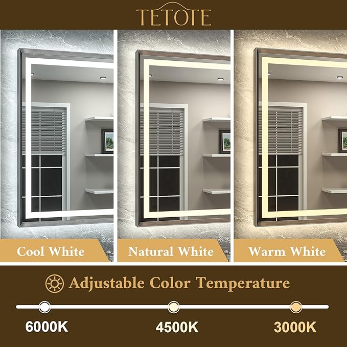 TETOTE 24 x 32 Bathroom LED Mirror Brushed Gunmetal Gray Frame Frontlit & Backlit Vanity Mirror Anti-Fog Stepless Dimmable 3 Colors White/Warm/Natural Wall-Mounted