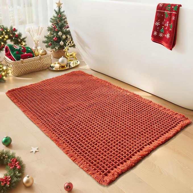 Waffle Bath Mat - Boho Bathroom Rugs Non Slip Washable, Super Absorbent & Quick Dry, Soft Bath Mat Farmhouse Bathroom Decor, 24'' x 36'', Dirty Orange