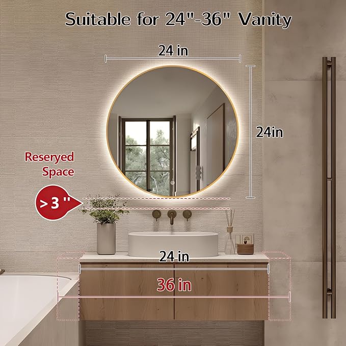 Niccy 24" LED Backlit Round Mirror for Bathroom, Gold Framed Vanity Light Wall Mirror LED Smart Circle Mirrors with 3 Lighting Colors, Dimmable Lighted Mirror with Anti-Fog, IP65 Waterproof