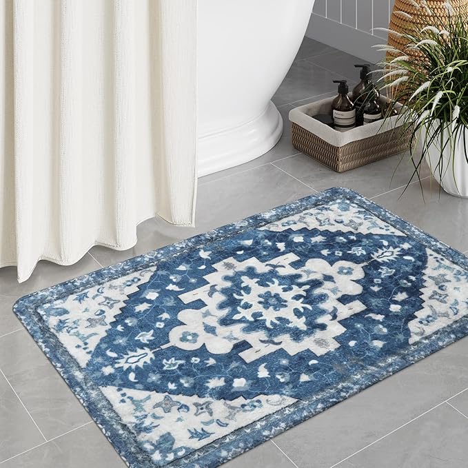 Uphome Boho Bathroom Rugs Blue Vintage Non-Slip Bath Rug Oriental Soft Machine Washable Bathroom Mat Cute Tribal Floral Bath Mats for Bathroom Decor for Sink Shower Toilet, 20x31 inch