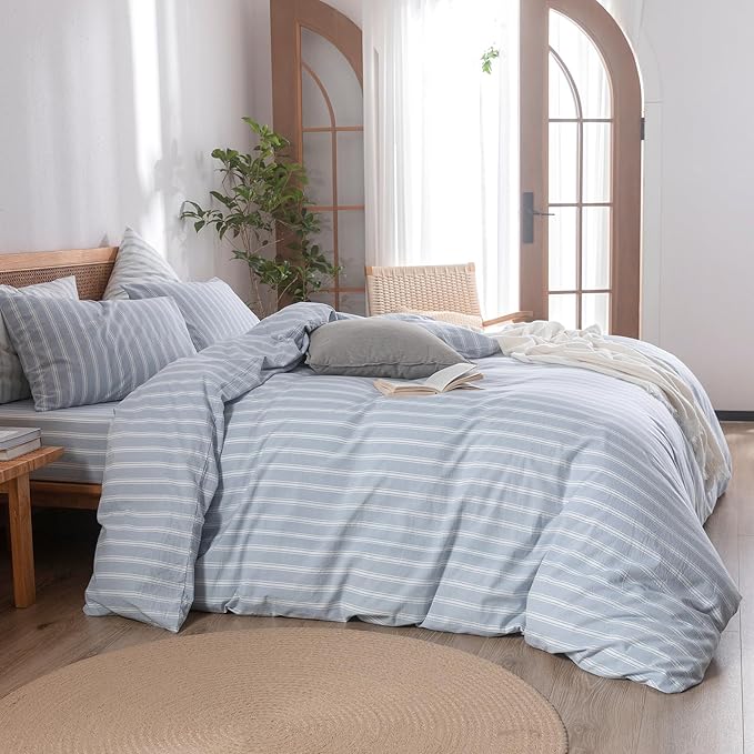 BESTOUCH Duvet Cover Set 100% Washed Cotton Linen Feel Super Soft Comfortable Chic Lightweight 3 PCs Home Bedding Set Cornflower Blue & White Stripes Queen