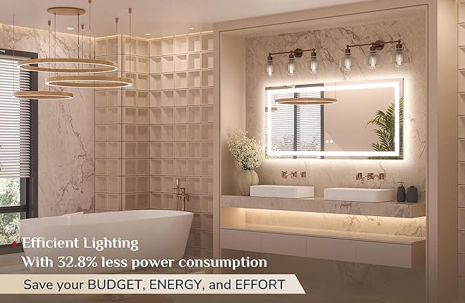 Keonjinn 48 x 24 Inch LED Bathroom Mirror with Lights, Bighter Frontlit & Backlit Vanity Mirror with Stepless Dimmable 3-Color, Anti-Fog Mirror for Wall, HD Tempered Glass, Memory Founction, CR90+