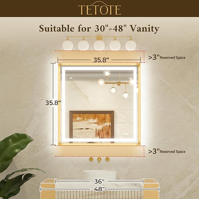 TETOTE Led Bathroom Mirror 36 x 36 with Brushed Bright Nickel Frame Anti-Fog Frontlit & Backlit Vanity Mirror Stepless Dimmable 3 Colors White/Warm/Natural Wall-Mounted