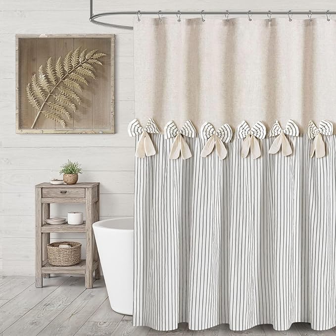Farmhouse Shower Curtain Linen Bow Woven Fabric Country Rustic Western, Pleated Grey Stripe 72" W x 72" L
