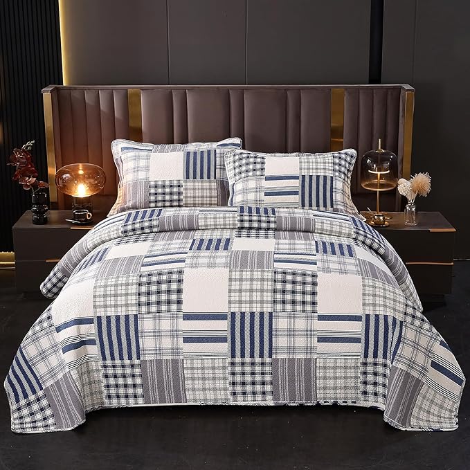 vctops Cotton Quilted Patchwork Quilt Set Queen Size Farmhouse Blue Plaid Bedspreads Coverlet 3 Pieces Summer Lightweight 1 Quilt and 2 Pillow Shams for All Season (Plaid B,Queen)