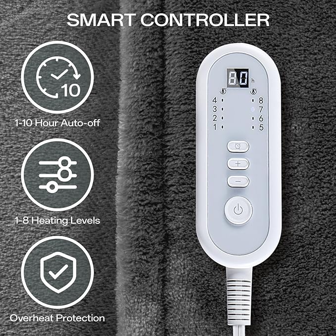 Heated Blanket Electric Blanket Full Size 72''x84'', Double-Layer Flannel Heating Blanket with 10 Hour Auto Off & 8 Heat Settings, Heated Throw Blanket for Full Body, Bed, Machine Washable, Dark Grey