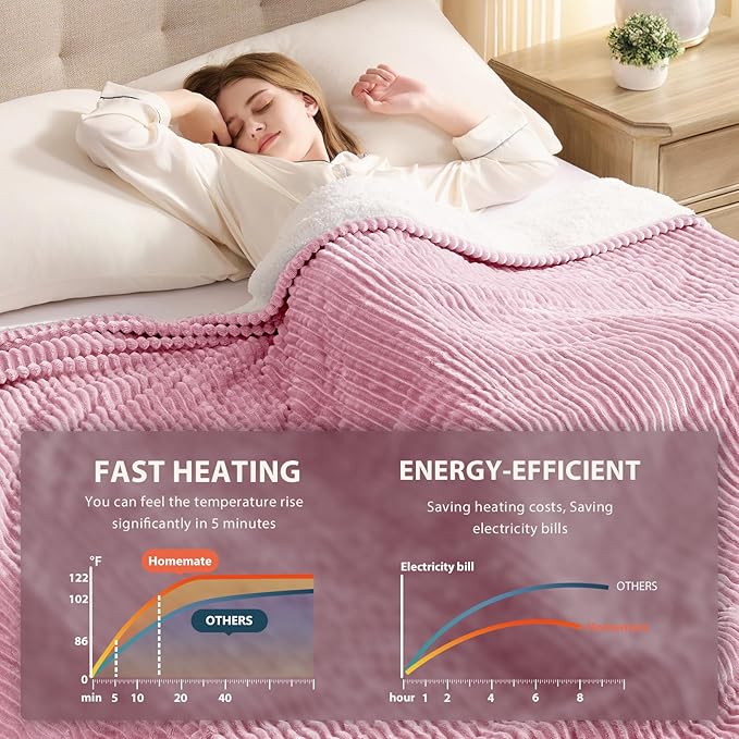 Homemate Electric Heated Blanket Queen Size - 84"x90" Heating Blanket Queen Size Dual Control 1/2/4/6/8 Hours Auto-Off 10 Heat Level Over-Heat Protection Soft Flannel Sherpa ETL Certification
