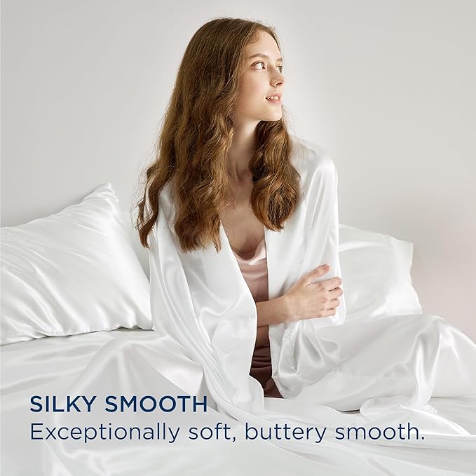 Bedsure White Satin Sheets King Size - 4 Piece Silky Bedsheets with 15 Inches Deep Pocket Fitted Bedsheet,1 Flat Sheet, 2 Satin Pillowcases, Good for Hair & Skin (King, White)