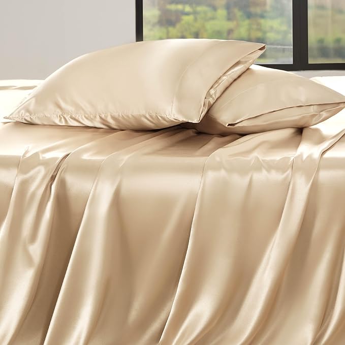 Bedsure Satin Sheets Queen Size - 4 Piece Silky Bedsheets with 15 Inches Deep Pocket Fitted Bedsheet,1 Flat Sheet, 2 Satin Pillowcases, Good for Hair & Skin (Queen, Champagne)
