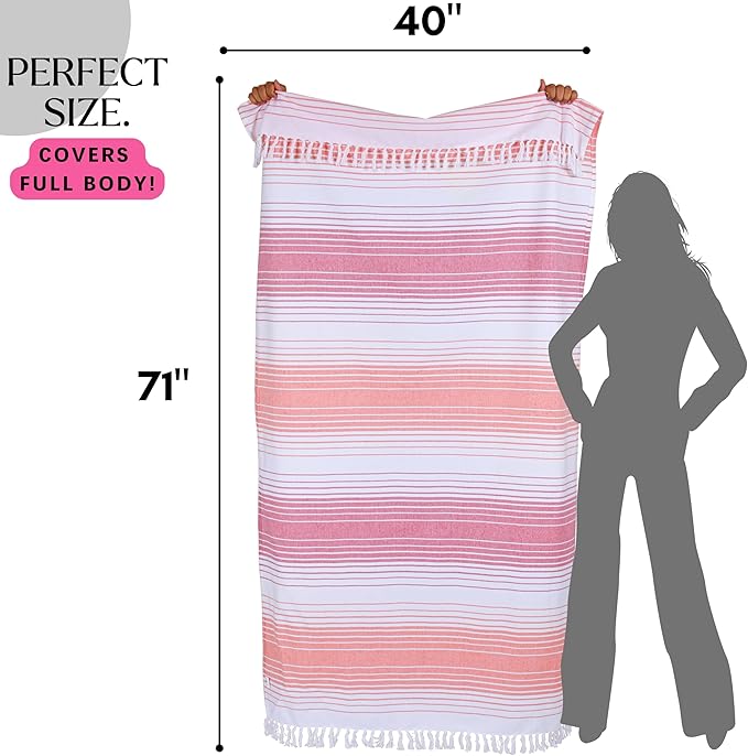 Native Fab Oversized Beach Towel, 4 Pack, 40x71 inches 100% Cotton Turkish Peshtemal for Adults,Soft & Absorbent, Extra Large Beach Towel for Hammam Spa Beach Blanket Bath, Cabana Strips, Red Orange
