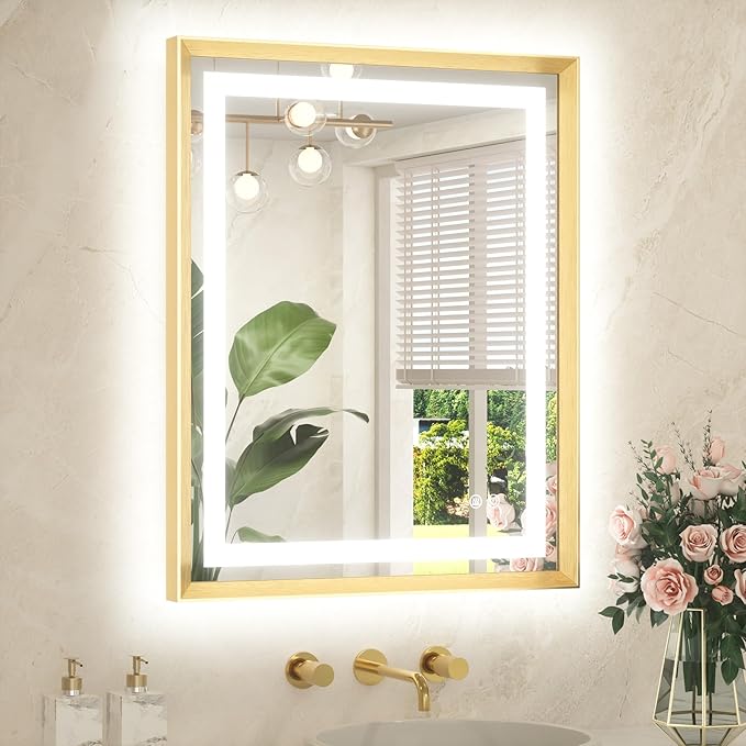TETOTE 24 x 30 Bathroom Mirror Brushed Gold Metal Frame Frontlit & Backlit Vanity Mirror 3 Colors White/Warm/Natural Stepless Dimmable Anti-Fog Bathroom Mirrors for Vanity Wall-Mounted