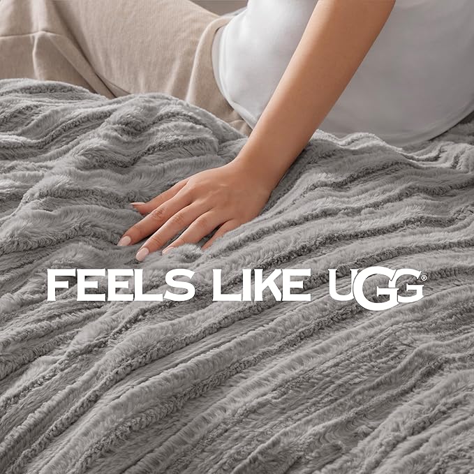 UGG King Comforter Set with 2 Pillow Shams Plush Faux Fur Bedding Soft Warm Down Alternative Comforter Washable Hypoallergenic Fluffy Blanket Set for Bedroom, California/King Size, Grey (Kenzie)