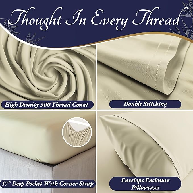 DECOLURE 100% Viscose Derived from Bamboo Sheets King Size 4pcs - Ultra Soft & Luxuriously Cooling, 17" Deep Pocket, Double Stitching, Perfect for Hot Sleepers - King Bed Sheets (Creme)