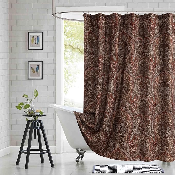 Extra Long Fabric Shower Curtain, Reddish Brown Damask Paisley Print Shower Curtains for Bathroom, 72" W x 84" H